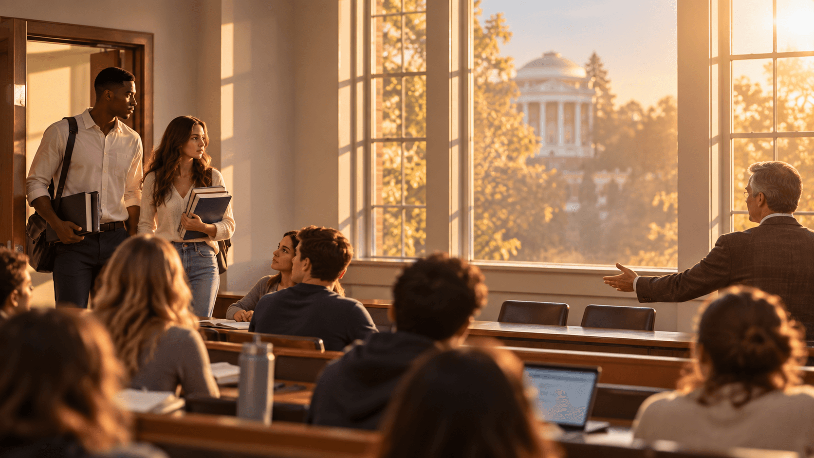 Alice and James arriving late to a sunlit university classroom.