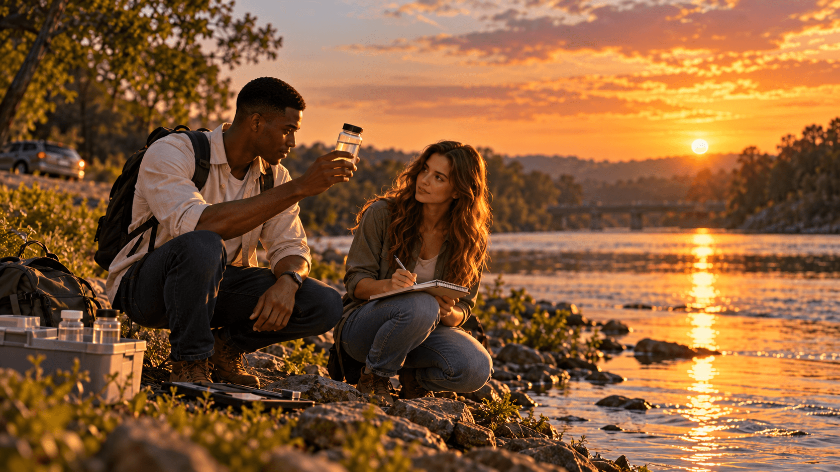 Alice and James collecting water samples beside a river at sunset.
