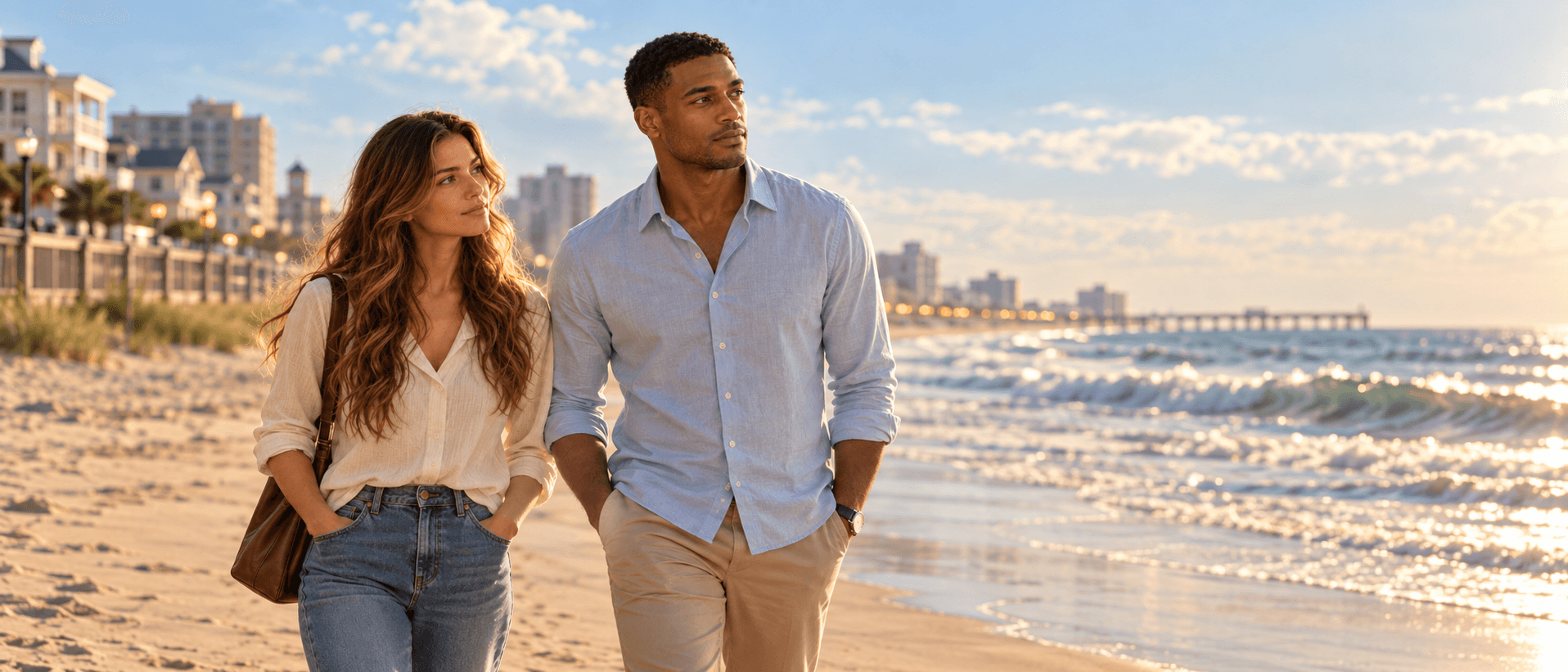 Alice and James walking beside the ocean in Virginia.