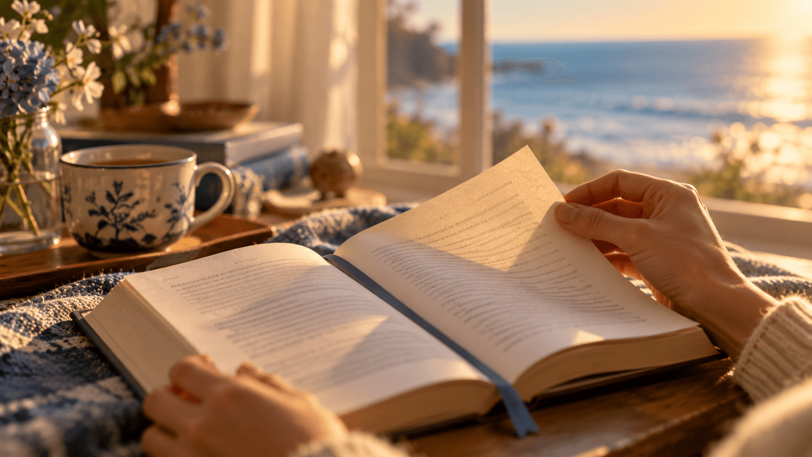 An open book and a cup of coffee beside a sunlit coastal window.