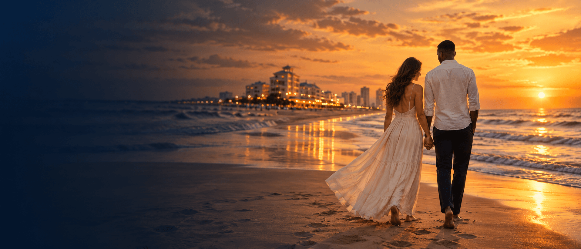Alice and James walking together along a beach at sunset.